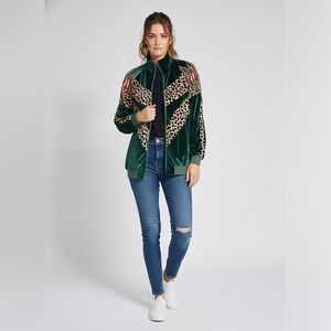 Nichole Lynel Green Velvet Jacket with Leopard Print and Red Accents Size Medium